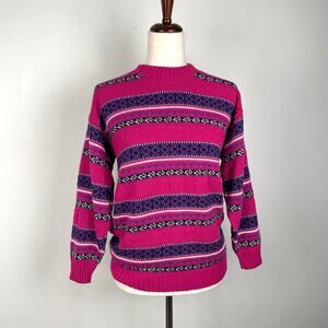 Vintage Fair Isle Nordic Knit Ski Sweater Womens M Pink Purple Heart 3D Textured